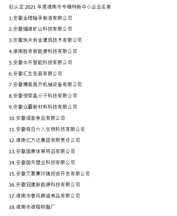 2021淮南市專精特新中小企業認定名單